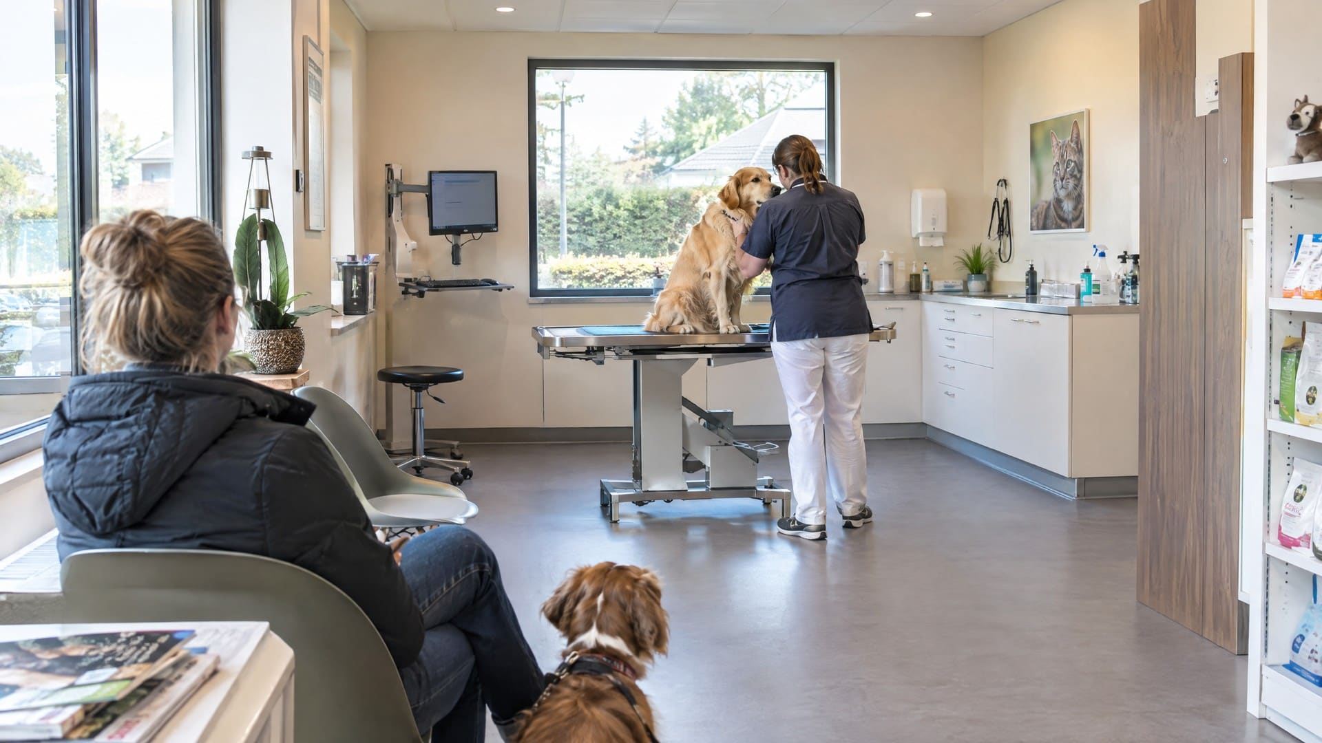 Lichte behandelkamer van een dierenartsenpraktijk: een golden retriever zit op de onderzoekstafel bij een dierenarts, op de achtergrond wacht een baasje met een hond.